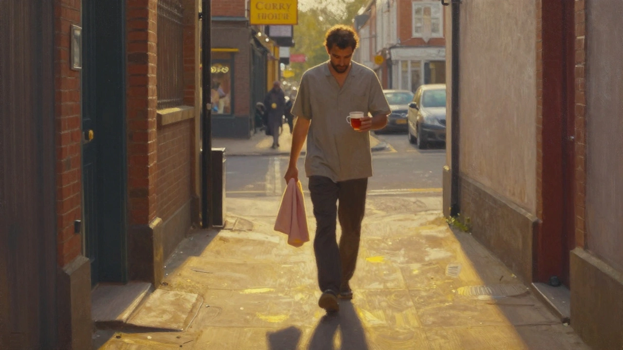 A man walking out of a modest doorway after an Indian massage, holding a towel and tea, bathed in morning light, shoulders relaxed.