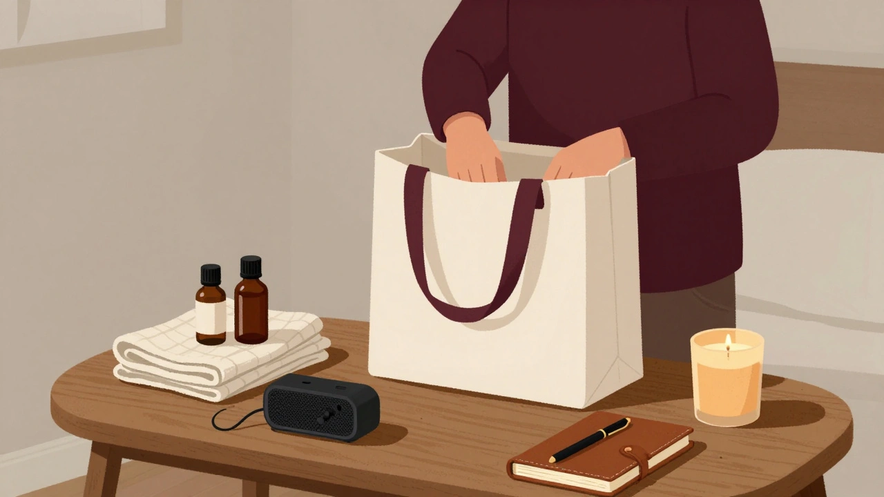A therapist's tote bag opened on a bedside table with oils, towels, and a candle, symbolizing professional care.