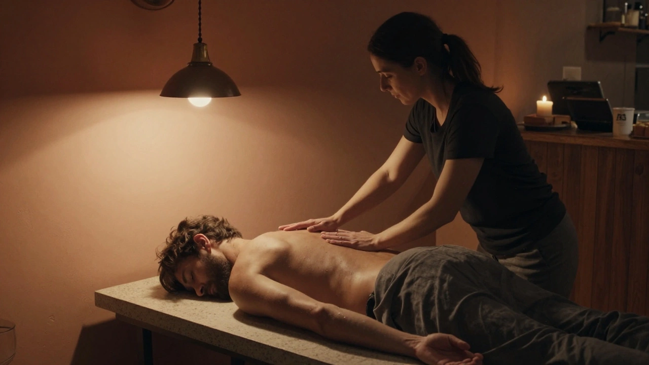 A therapist’s hands moving with precision along a man’s spine during a sensual massage in warm, intimate lighting.