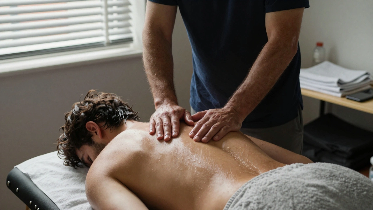 A therapist working on a client's lower back in a modest studio, hands focused, no distractions, authentic healing.