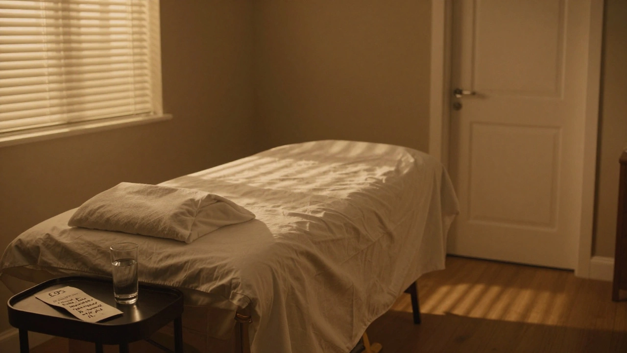 An empty massage room at dusk with a folded receipt, glass of water, and handwritten note, suggesting trust and ritualistic return.