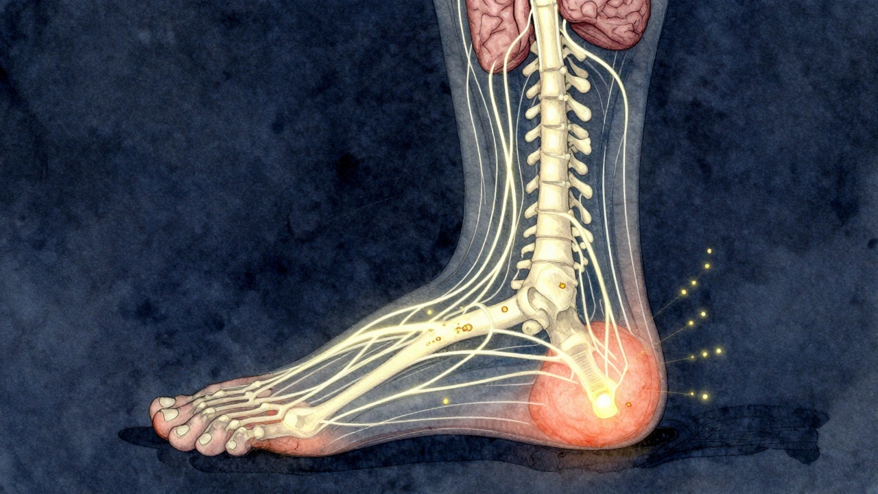 Anatomical foot with glowing neural connections to organs and spine in watercolor and ink style.