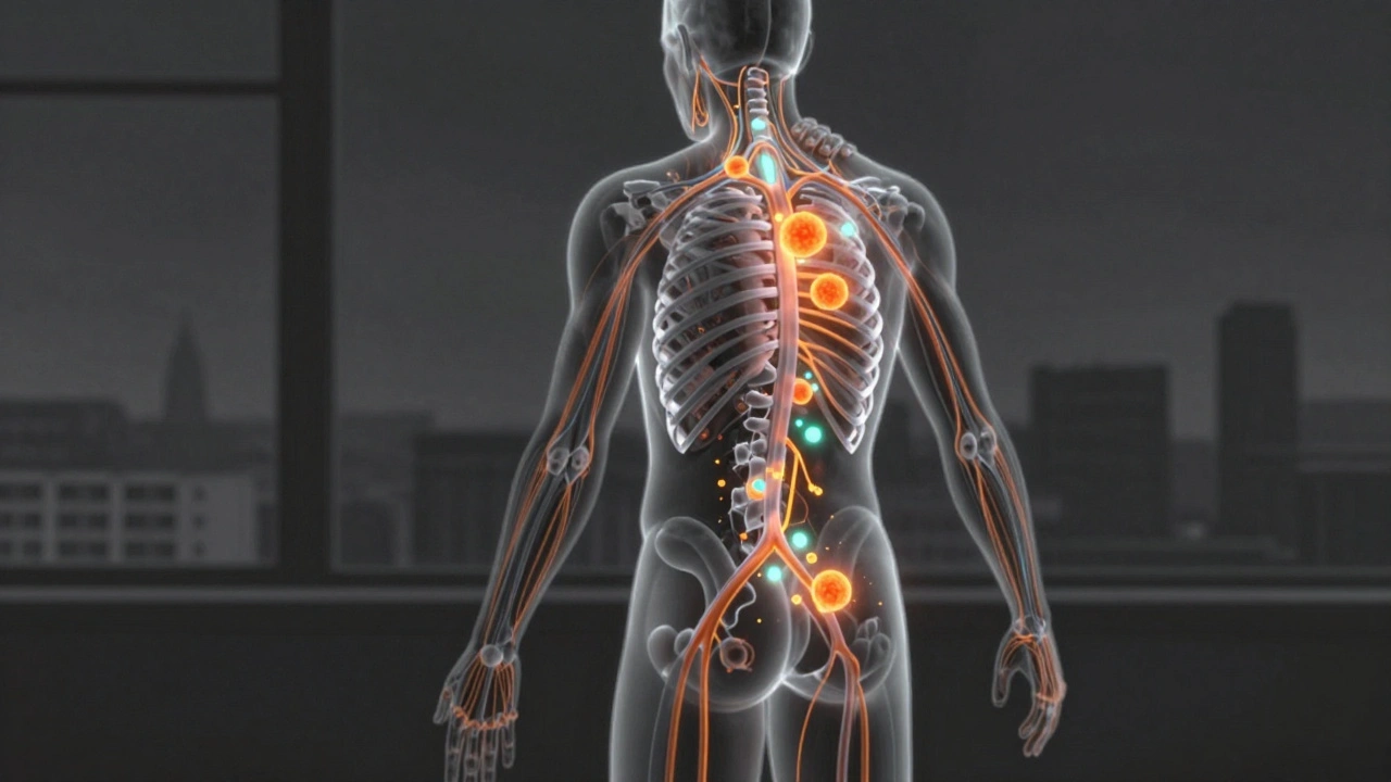 Anatomical illustration showing lymphatic flow and immune cells activating through therapeutic touch on the body.