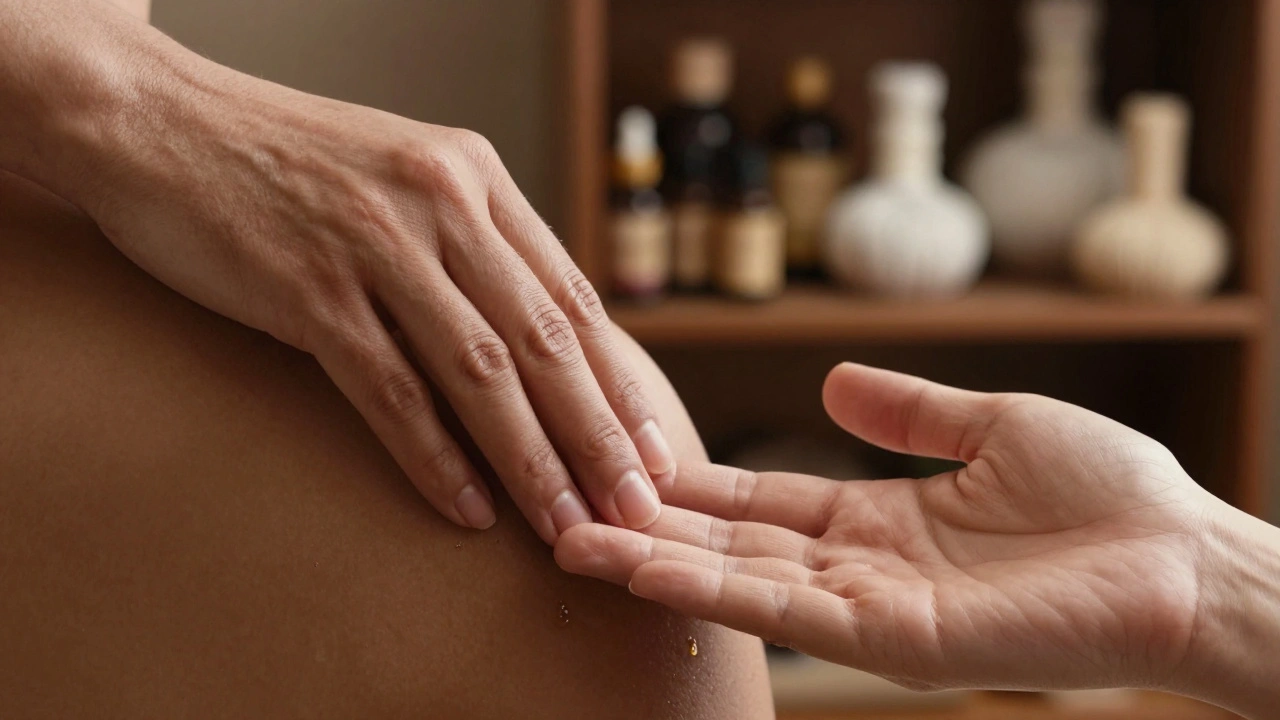 Close-up of a therapist's hand applying pressure to a client's shoulder, with a drop of oil glistening on skin.