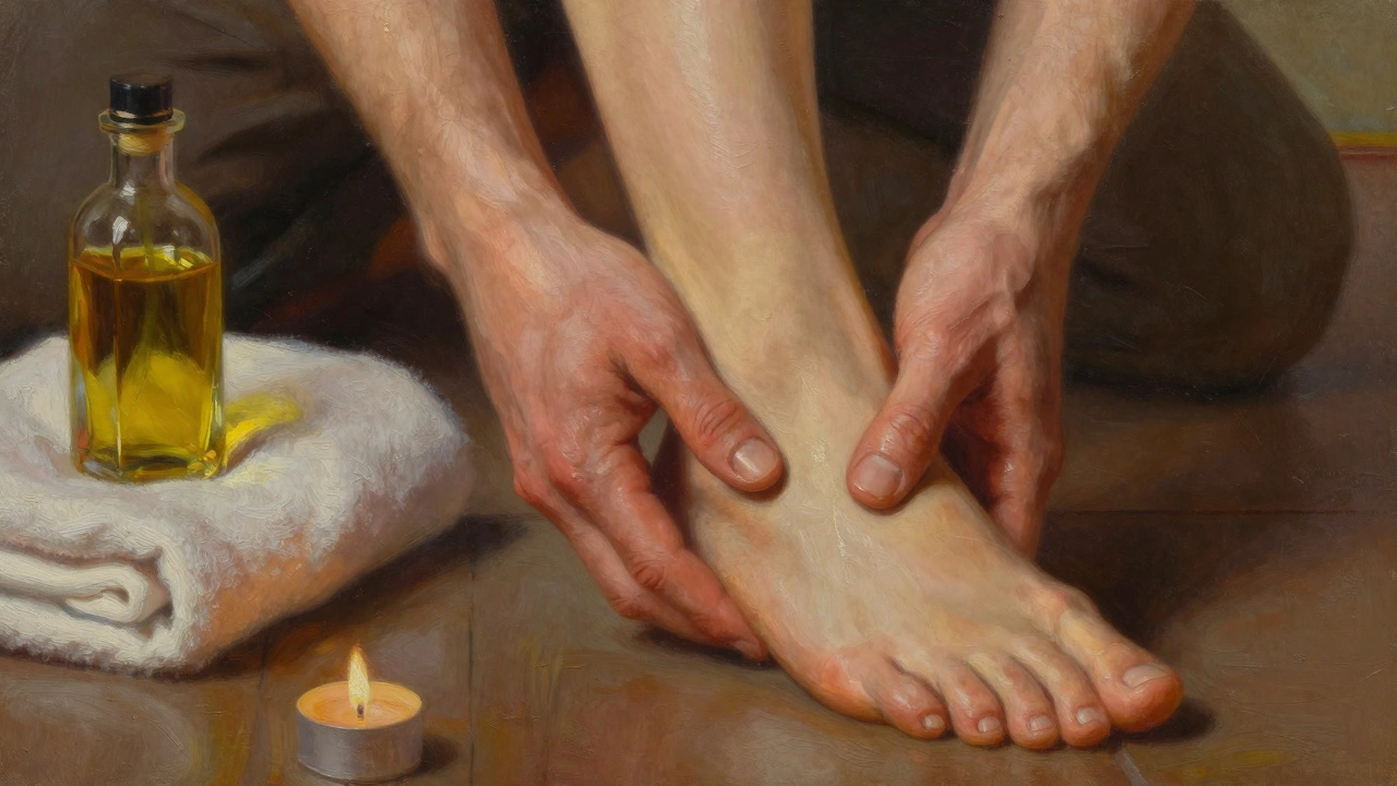 Close-up of hands pressing into the arch of a foot with oil sheen, toes curled in relaxation.