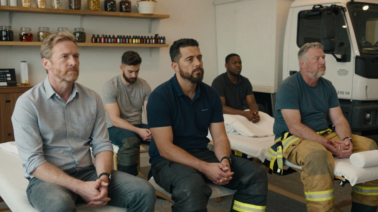 Diverse group of men sitting quietly in a cozy massage studio waiting room, calm and thoughtful expressions.