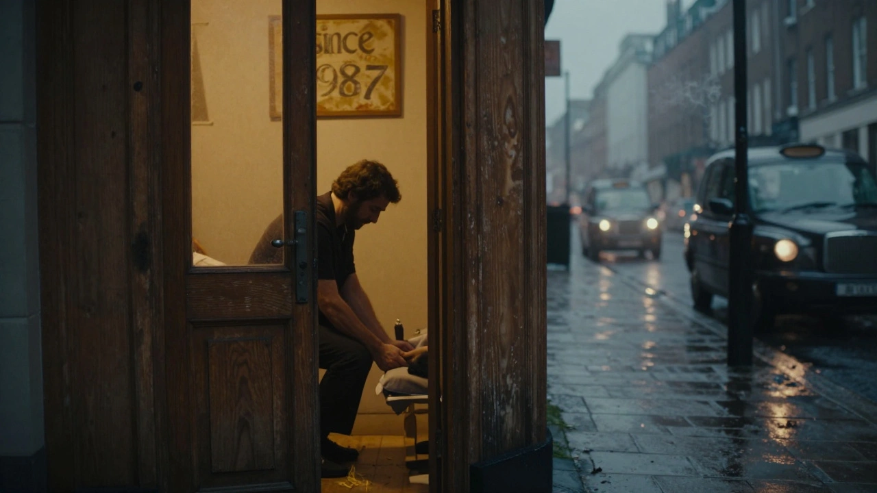Hidden massage clinic door at dusk in London, warm light spilling out, therapist silhouetted, incense smoke curling in fog.