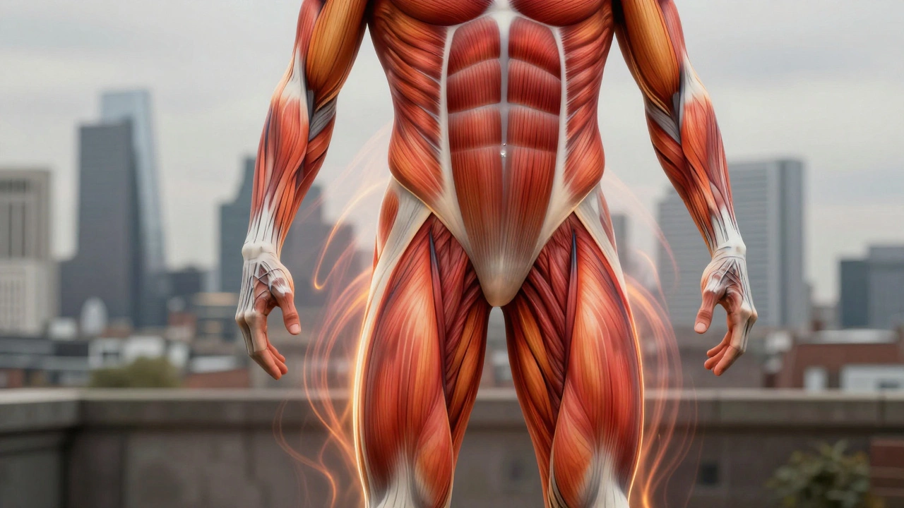 Human body illustration with glowing tension points releasing energy during sports massage.