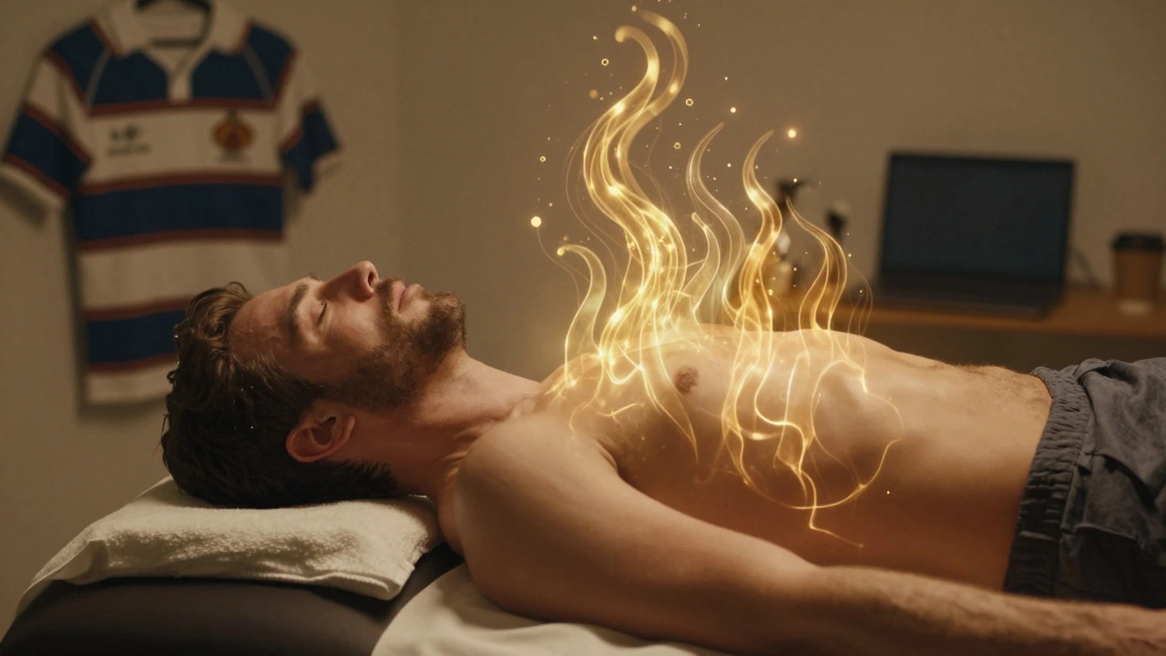 Man relaxing on a massage table as golden energy waves radiate from his body, symbolizing stress relief and immune renewal.