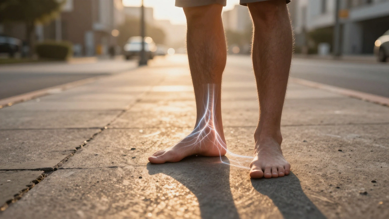 Man standing barefoot at dawn, glowing nerves beneath his feet symbolizing bodily renewal.
