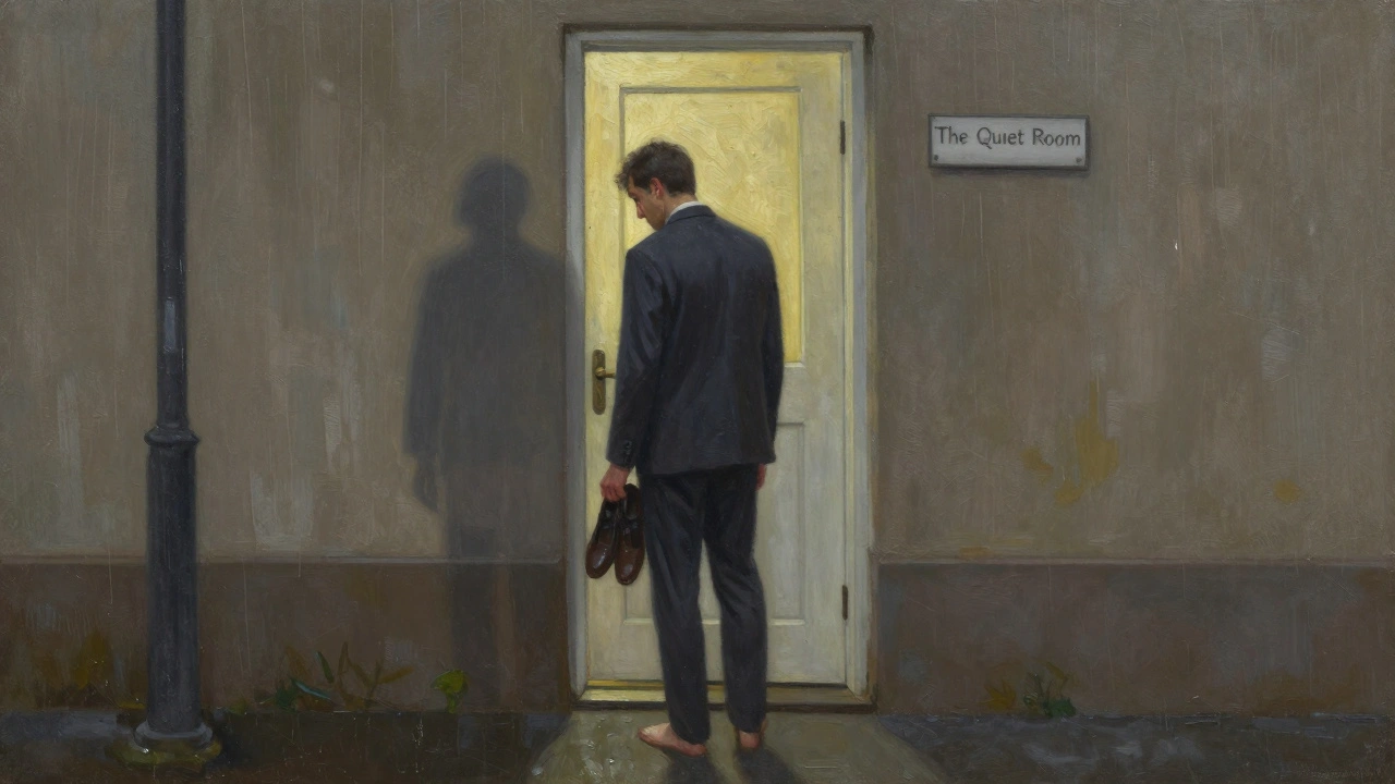 Man standing outside a quiet massage room door, holding shoes, tearful, warm light glowing from within.