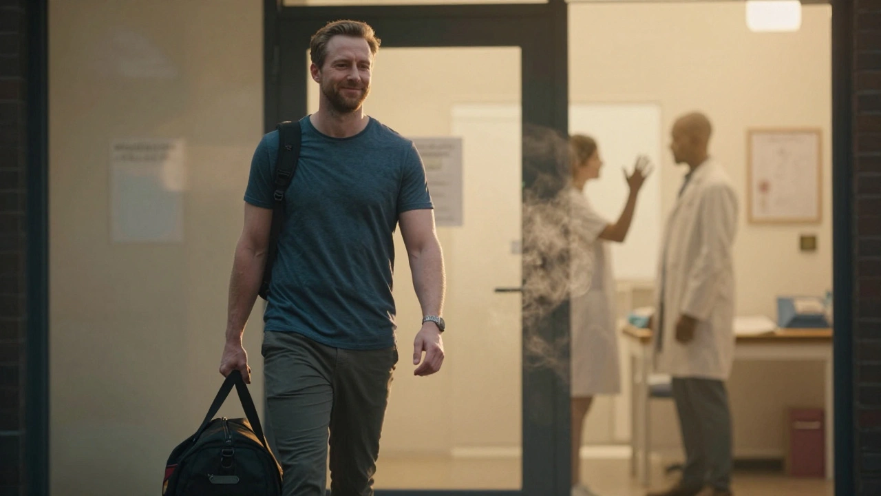 Man walking out of a clinic post-massage, posture improved, sunlight highlighting his relief.
