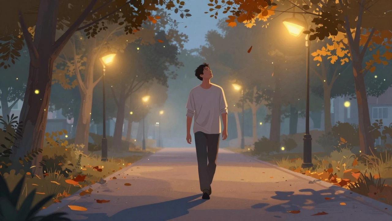 Man walking slowly through a misty park at dusk, glowing streetlights around him, conveying deep calm after massage.