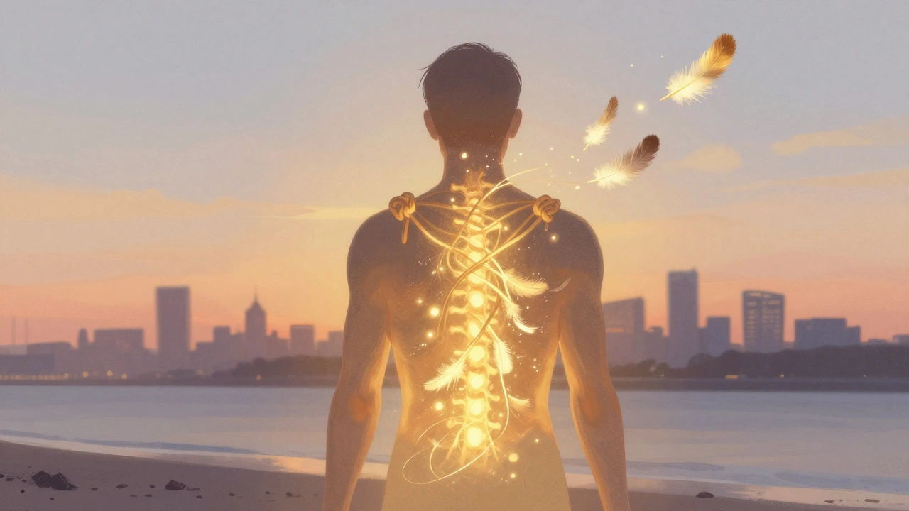 Silhouette of a person releasing tension as golden light and feathers rise from their body, symbolizing deep relaxation.