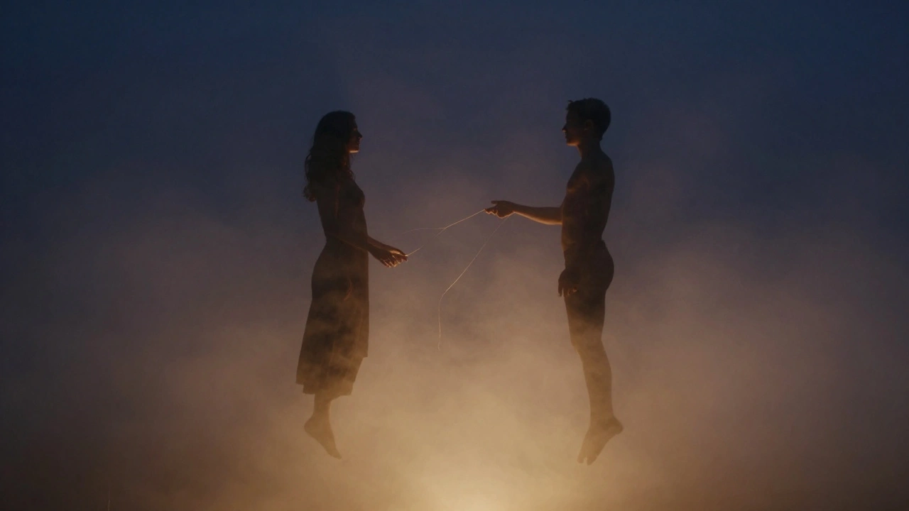 Silhouetted lovers dissolving into warm mist, connected by a golden thread of light, symbolizing silent reconnection.