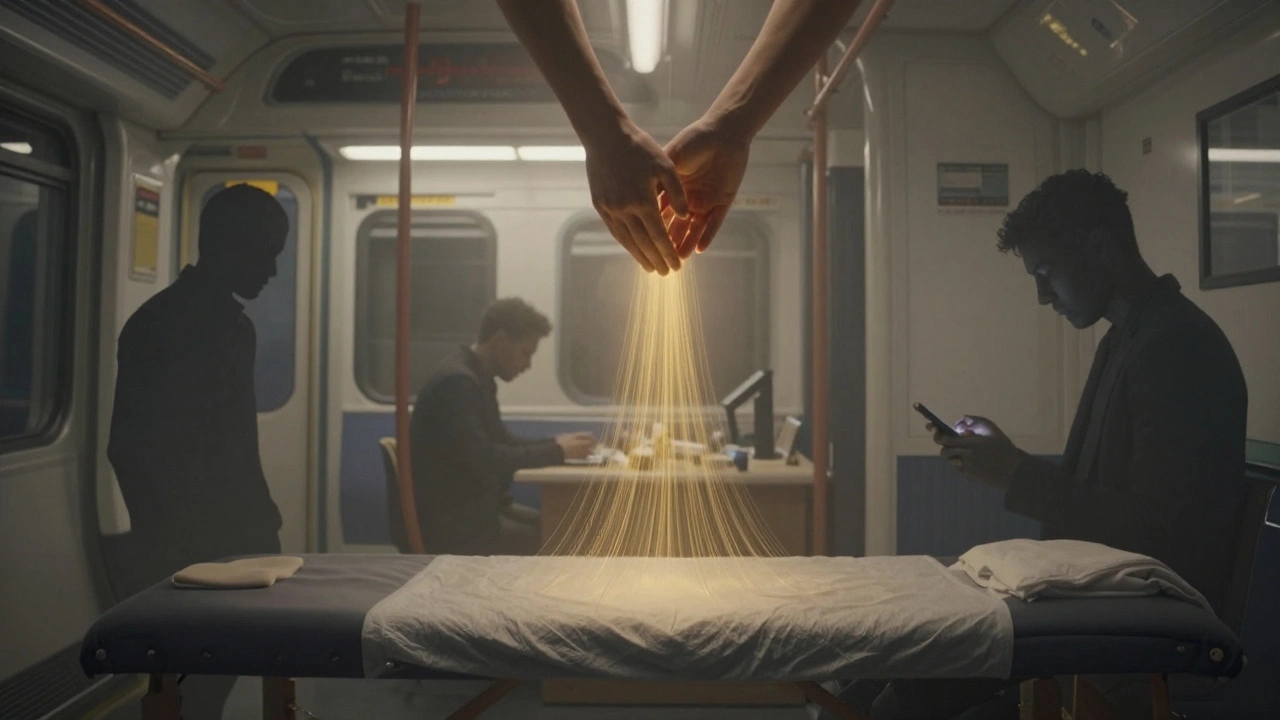 Silhouettes of stressed men dissolving into golden threads leading to healing hands above a massage table.