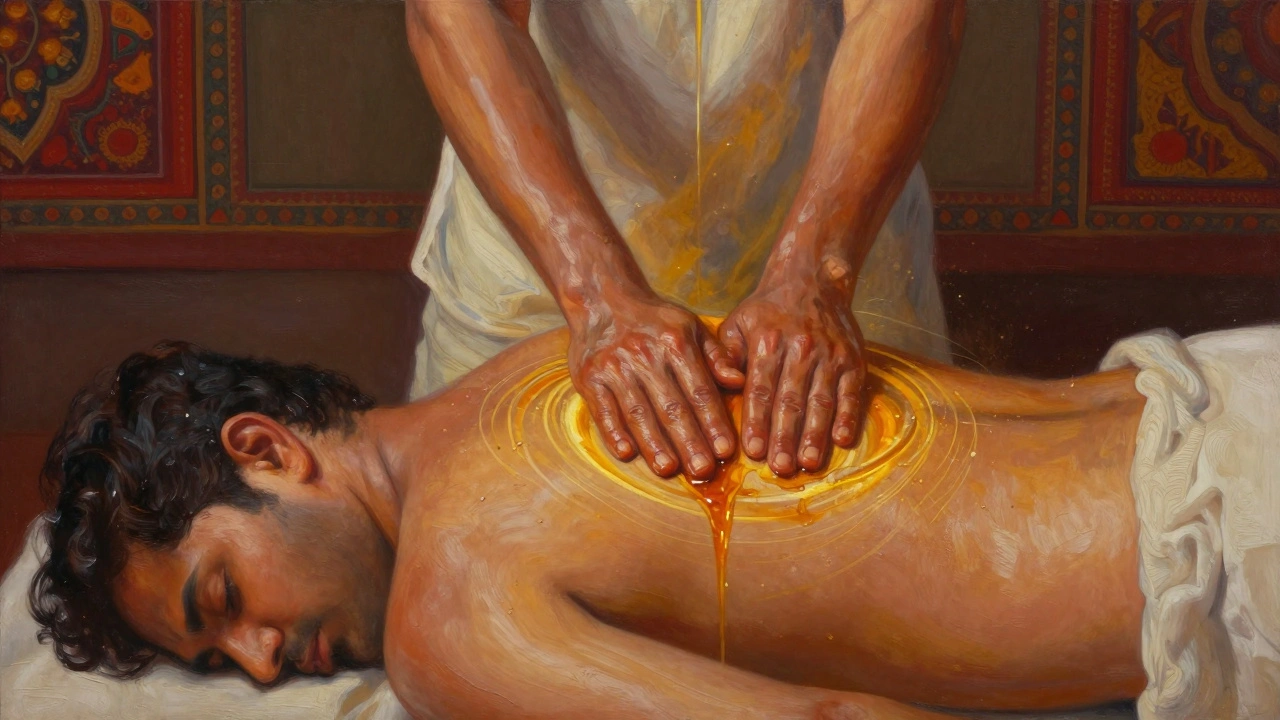 Spiritual energy flows through a man's body during an Indian massage, oil glistening, chakras glowing softly in warm tones.