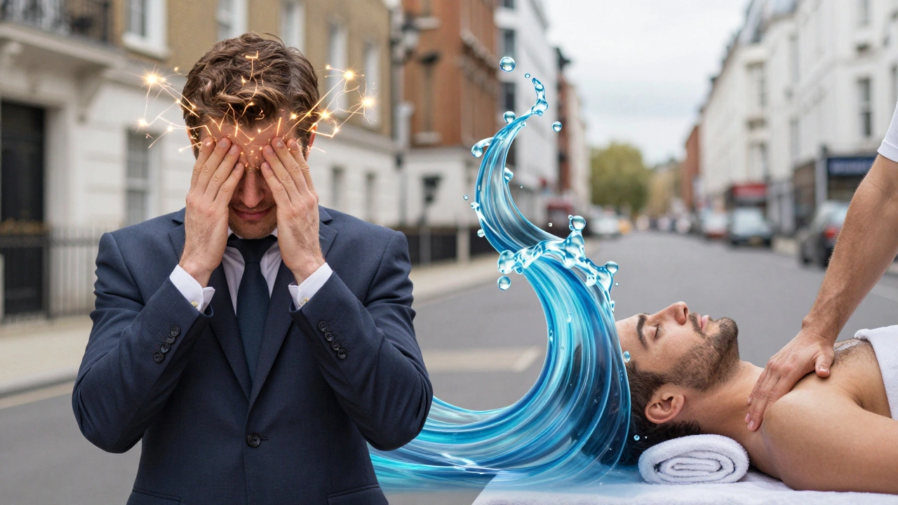 Split image: stressed man versus serene man after Ayurvedic massage, symbolizing nervous system recalibration.