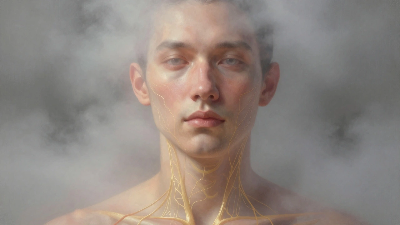 Surreal face emerging from fog with golden lymphatic pathways glowing beneath the skin, revealing clarity and glow.