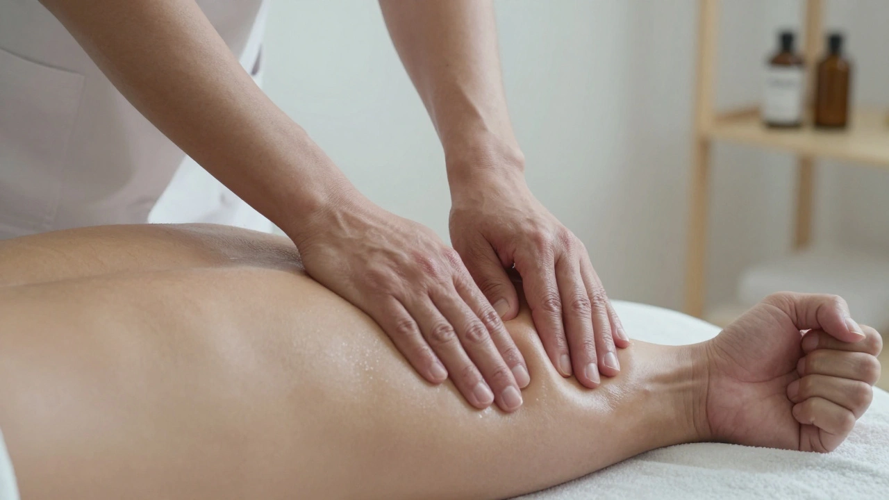 Therapist's hands working with precision on a client's lower back, oil glistening under soft light, conveying skilled, non-explicit touch.