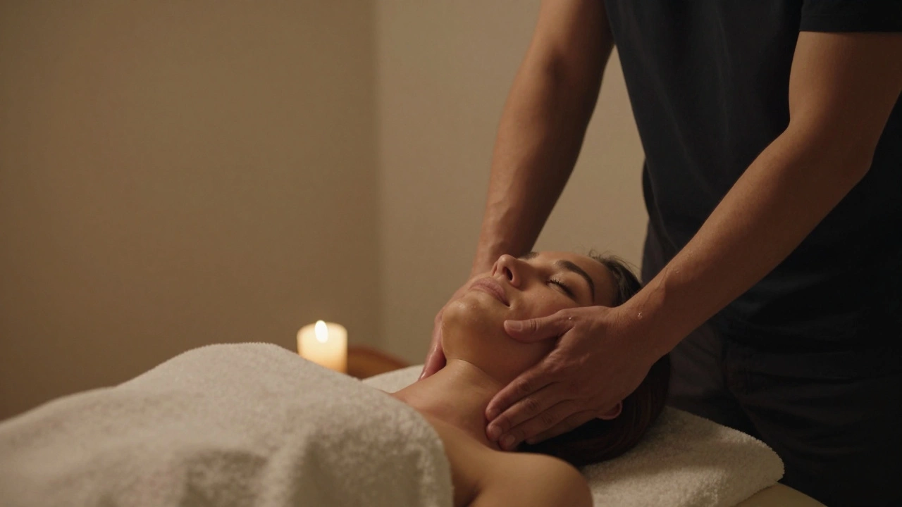 Therapist gently performing lymphatic drainage on a woman’s face in a simple apartment room with a candle.