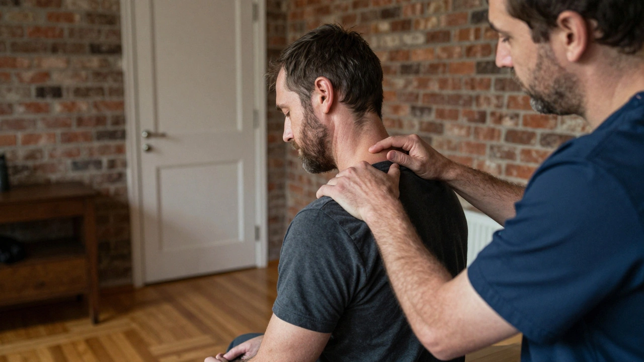Therapist working on a man's shoulder in a simple apartment, natural light, no decorations, focused and private.