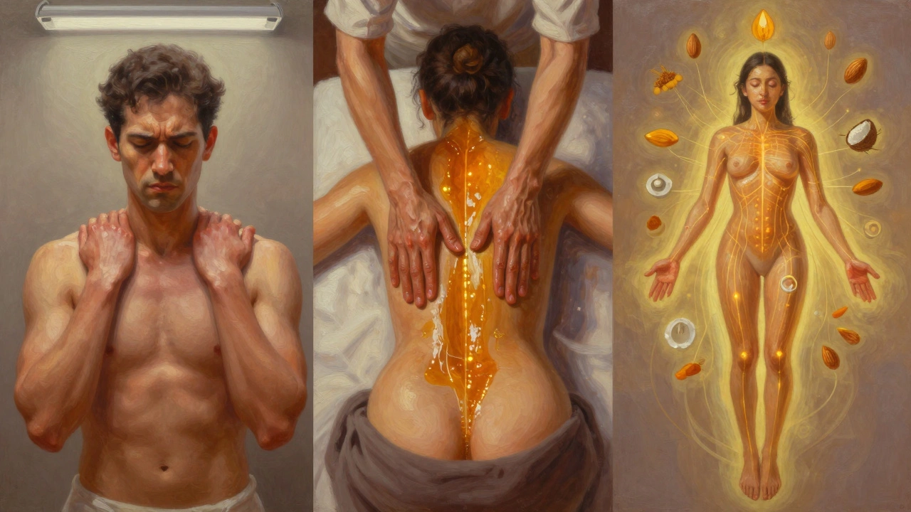 Three-panel artistic transformation: tense body to oil massage to glowing energy fields, symbolizing spiritual renewal.