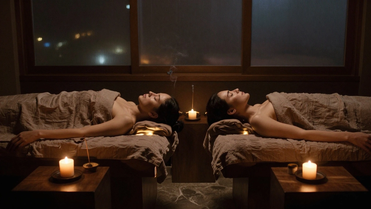 Two relaxed figures in a quiet spa room, hands barely touching, candlelight reflecting off stone and wood.