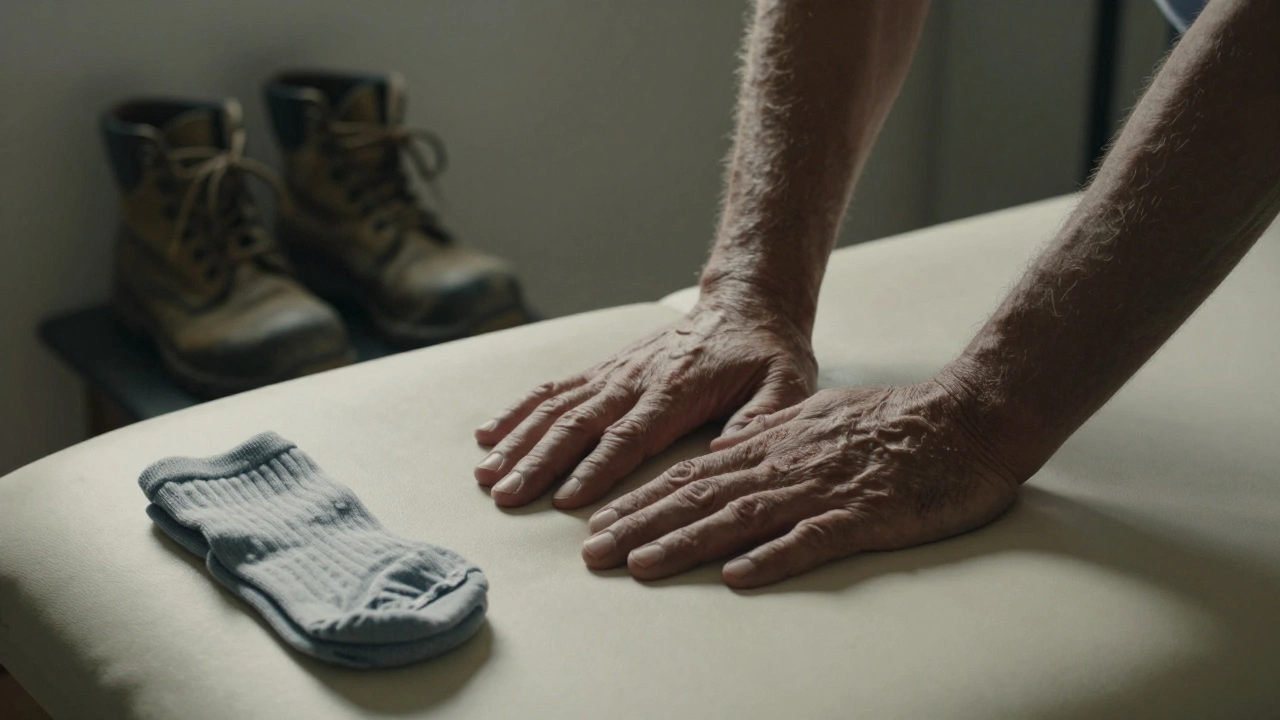 Worn work boots and folded socks beside a massage table, hinting at the day’s labor and quiet recovery.