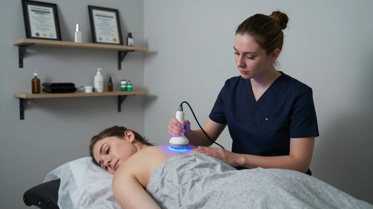 A certified therapist using a neuro-muscular stimulator device during a massage session in a modern London studio.