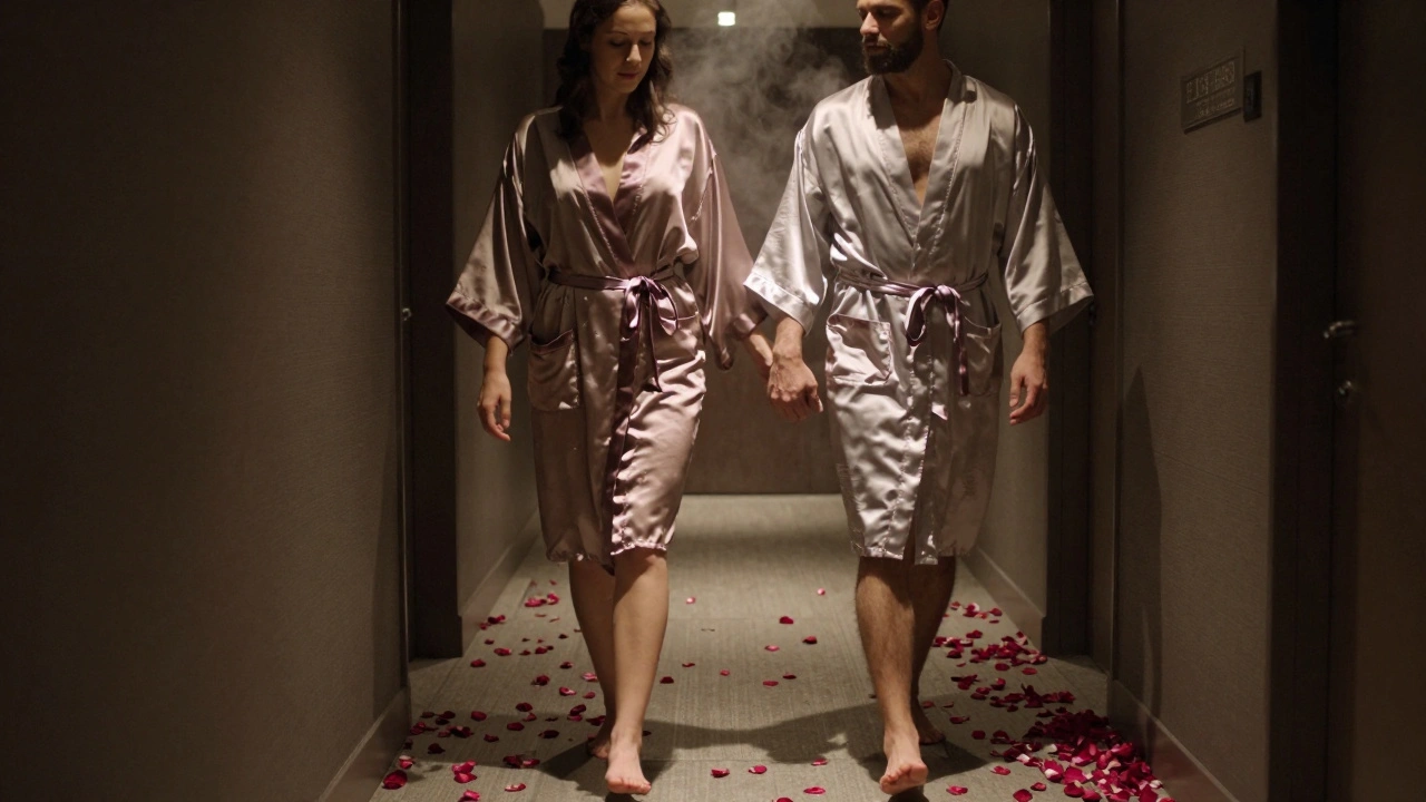A couple holding hands after a massage, walking barefoot through a steamy, petal-strewn corridor.