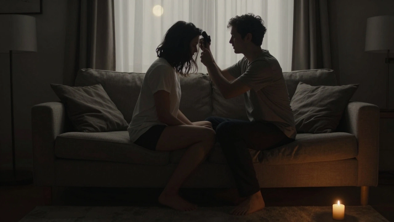 A couple sitting together on a couch after a massage, quietly sharing presence, bare feet touching, no devices, only calm light and stillness.