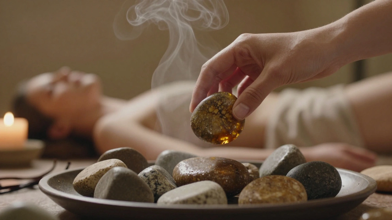 A hand lifting a heated stone from a tray, steam rising, with soft ambient light suggesting deep relaxation.