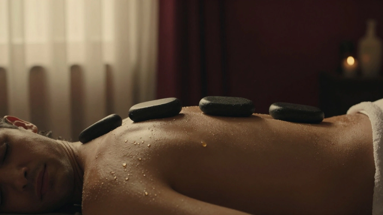 A man's face in serene relaxation as warm stone heat sinks into his skin, golden light filtering through curtains.