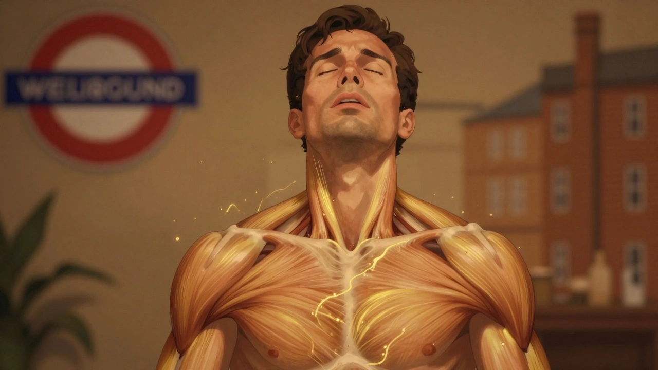 A man in deep relaxation during a massage, tension visibly leaving his body as golden energy flows around him.