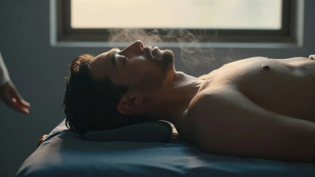 A man lying relaxed after a deep tissue massage, golden light highlighting his released tension.