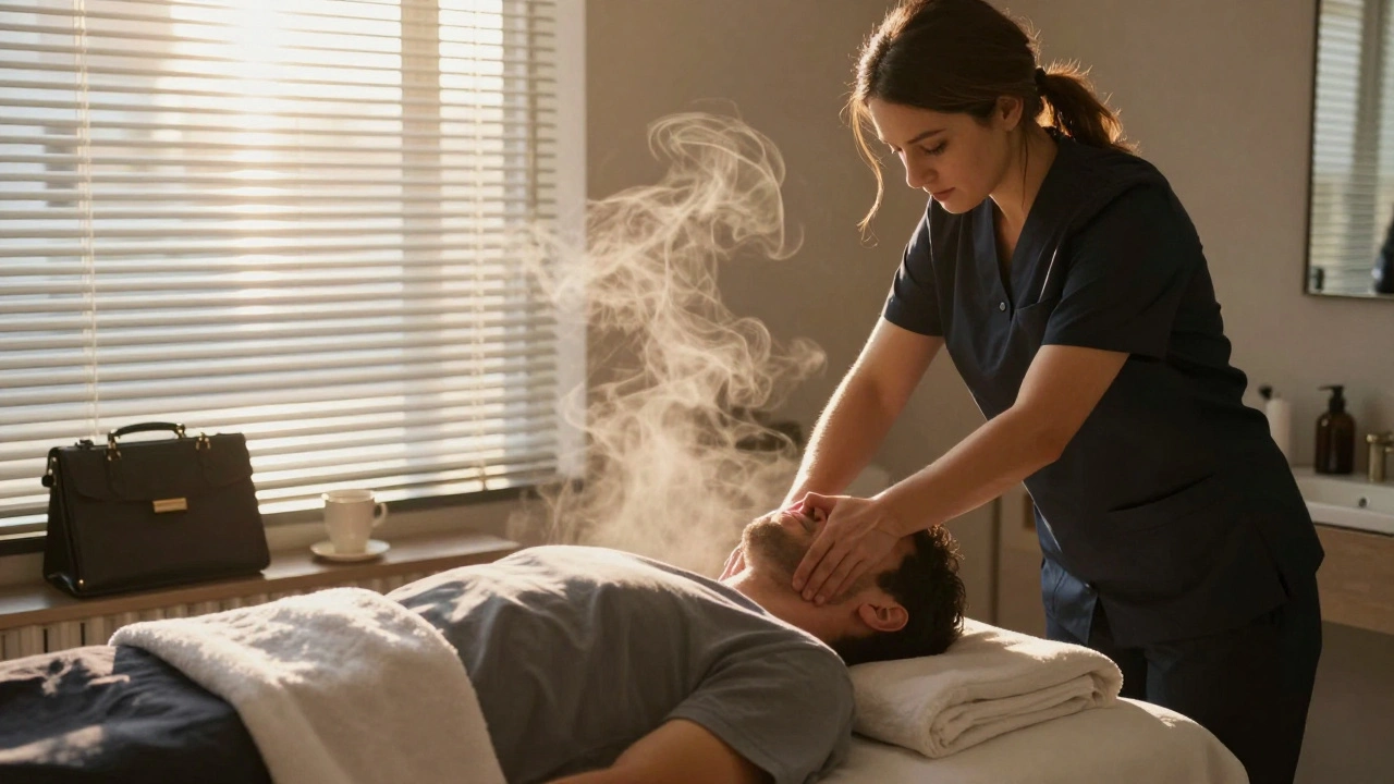 A man receives a morning massage in a London clinic before work, sunlight filtering through blinds as tension melts away.