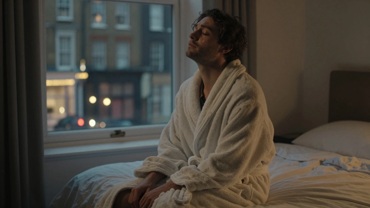 A man sitting silently on a bed, eyes closed, tear on cheek, wrapped in a robe, bathed in peaceful light.