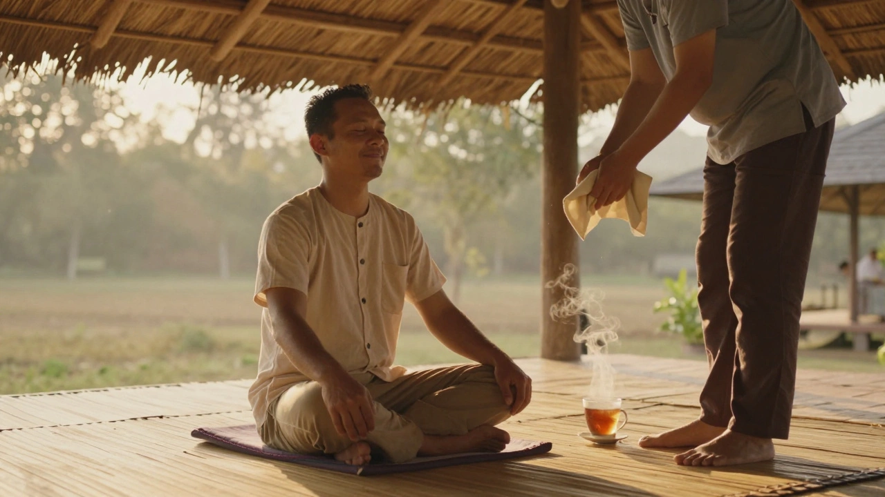 A man smiles in peaceful relaxation under a thatched roof after a Thai massage, golden light streaming through the thatch.