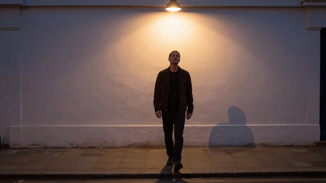 A man walking out of a clinic at dusk, shoulders relaxed, eyes closed, bathed in soft streetlight, radiating quiet peace.