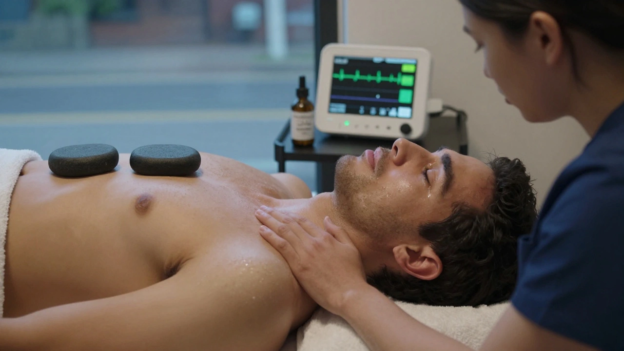 A man weeps peacefully during a massage as a therapist whispers beside him, surrounded by organic oils and biofeedback equipment.