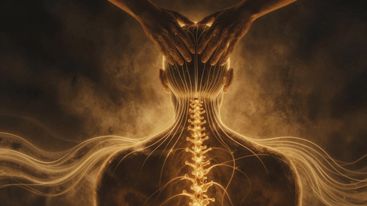 A symbolic human silhouette with tension lines dissolving into golden oil waves, representing emotional release.