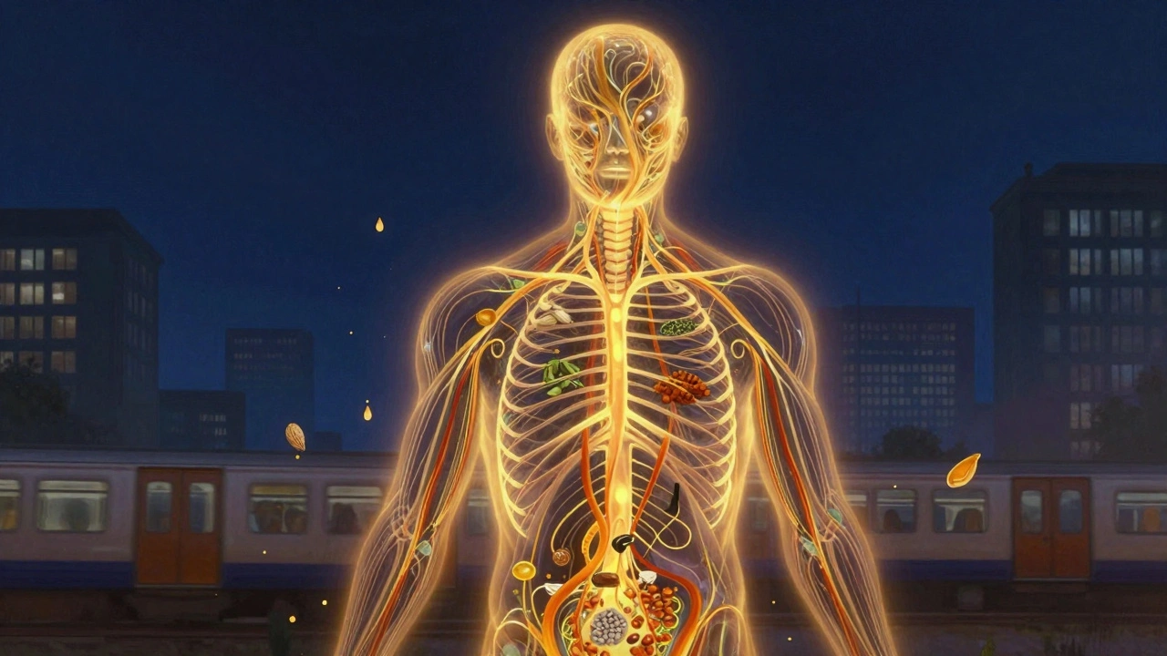 An abstract visualization of golden energy flowing through the body during an Ayurvedic massage, with herbal oils swirling in the air.