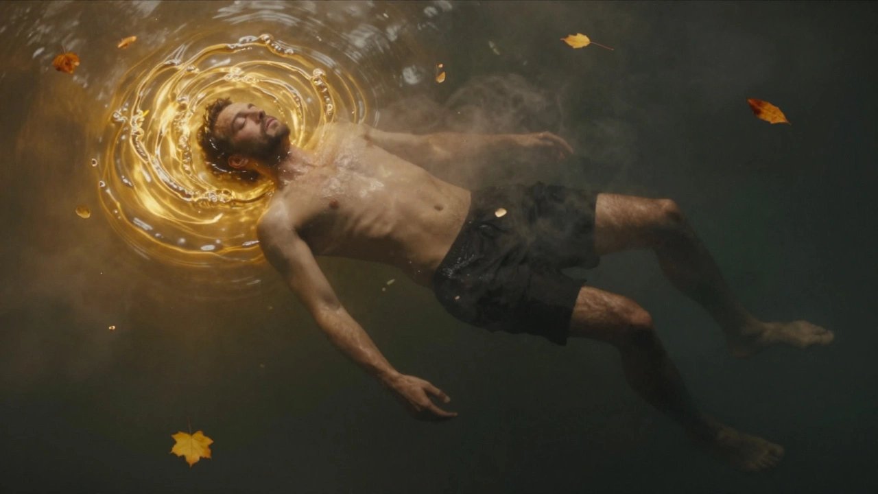 An artistic representation of post-massage calm, with golden light swirling around a man's head as he floats in stillness.