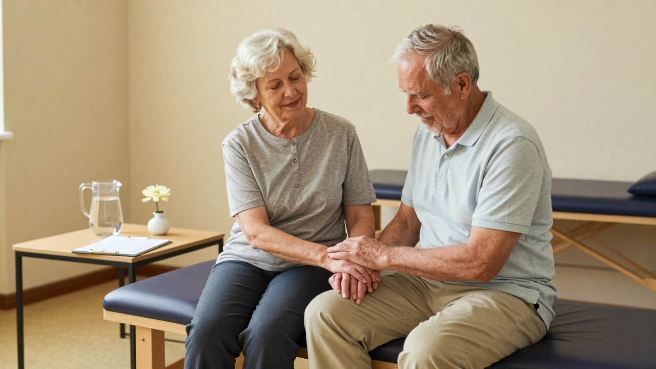 An elderly couple sitting together after a massage session, one smiling peacefully, the other gently rubbing their wrist in relief.