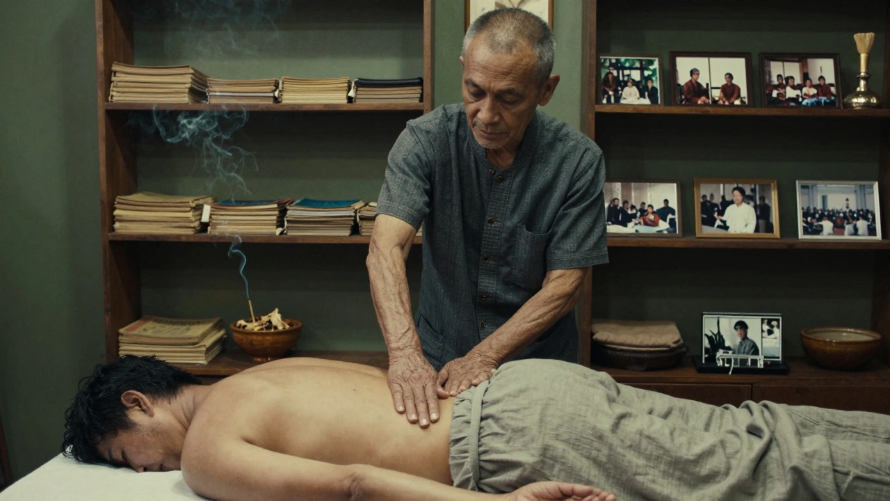 An elderly Thai massage therapist applies pressure to a client’s back in a modest London studio with incense and herbal remedies nearby.