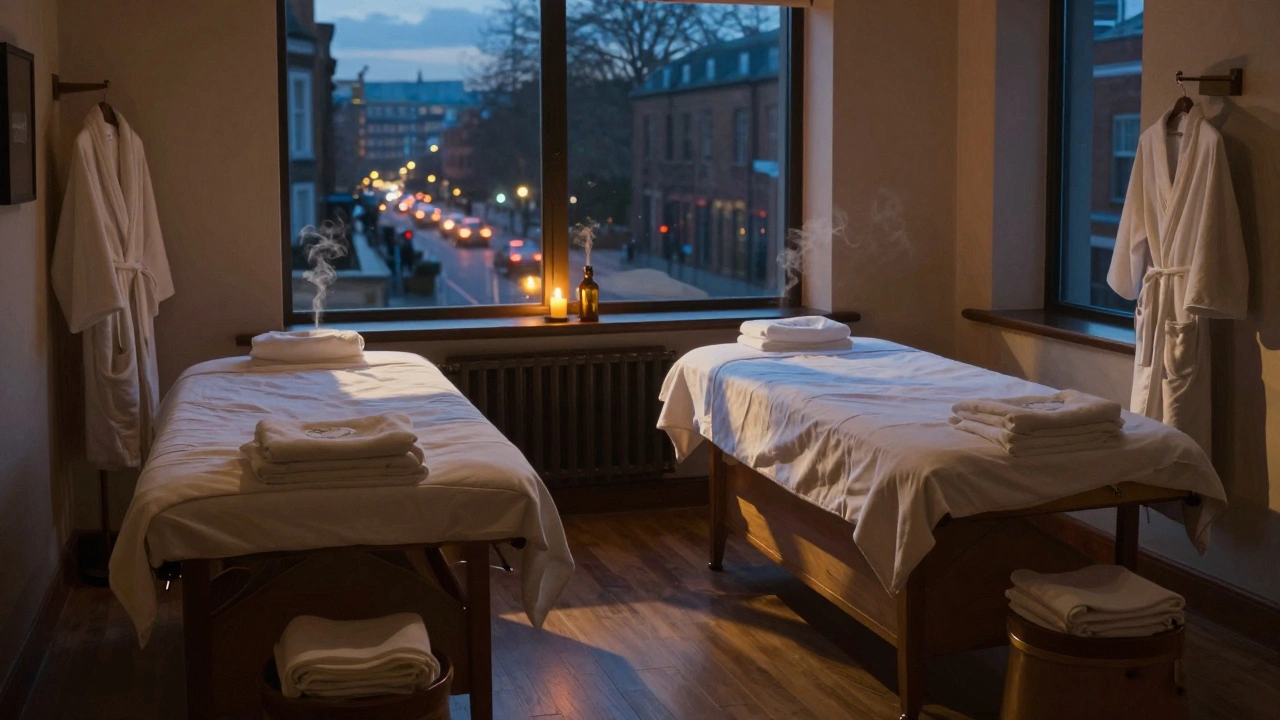 An empty couples massage room after sunset, with folded robes, steaming oil bottles, and a single flickering candle casting soft shadows.
