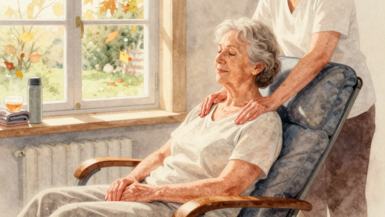 An older woman relaxing in a reclining chair as a therapist massages her shoulders with warm, gentle hands.