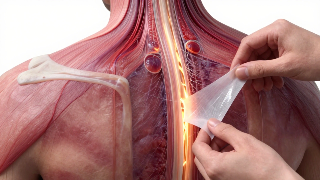Anatomical illustration showing fascia layers peeling apart under therapeutic pressure.