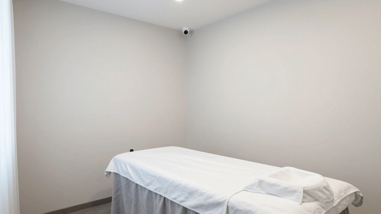 Clean massage room with security camera, minimalist decor.